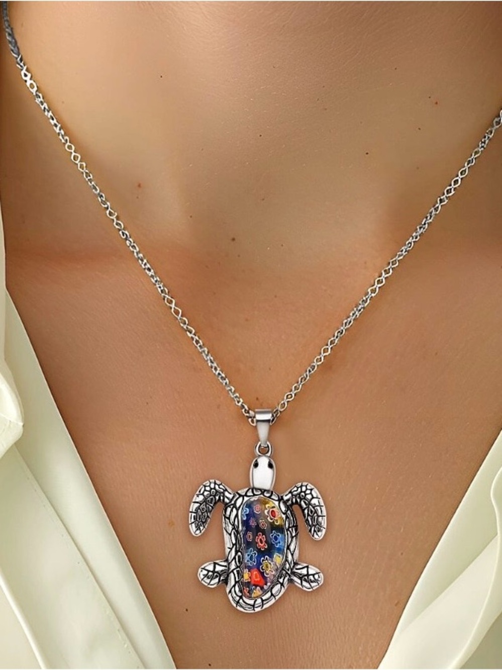 Multi Color Murano Style Turtle Pendant Necklace in Oxidized Stainless Steel 18”